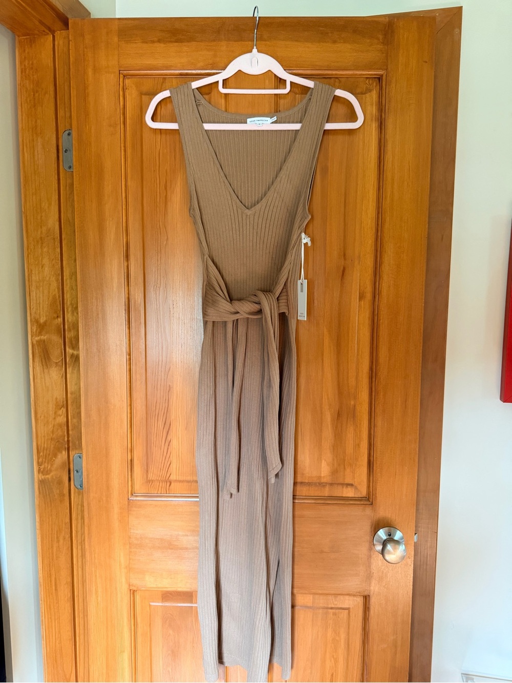 Good American Ribbed V-Neck Maxi Dress in Taupe